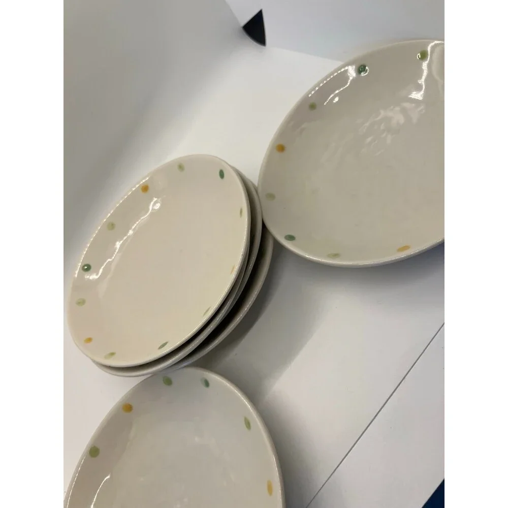 Vintage Set of 6 small cream off white plates polka dots green yellow 1732